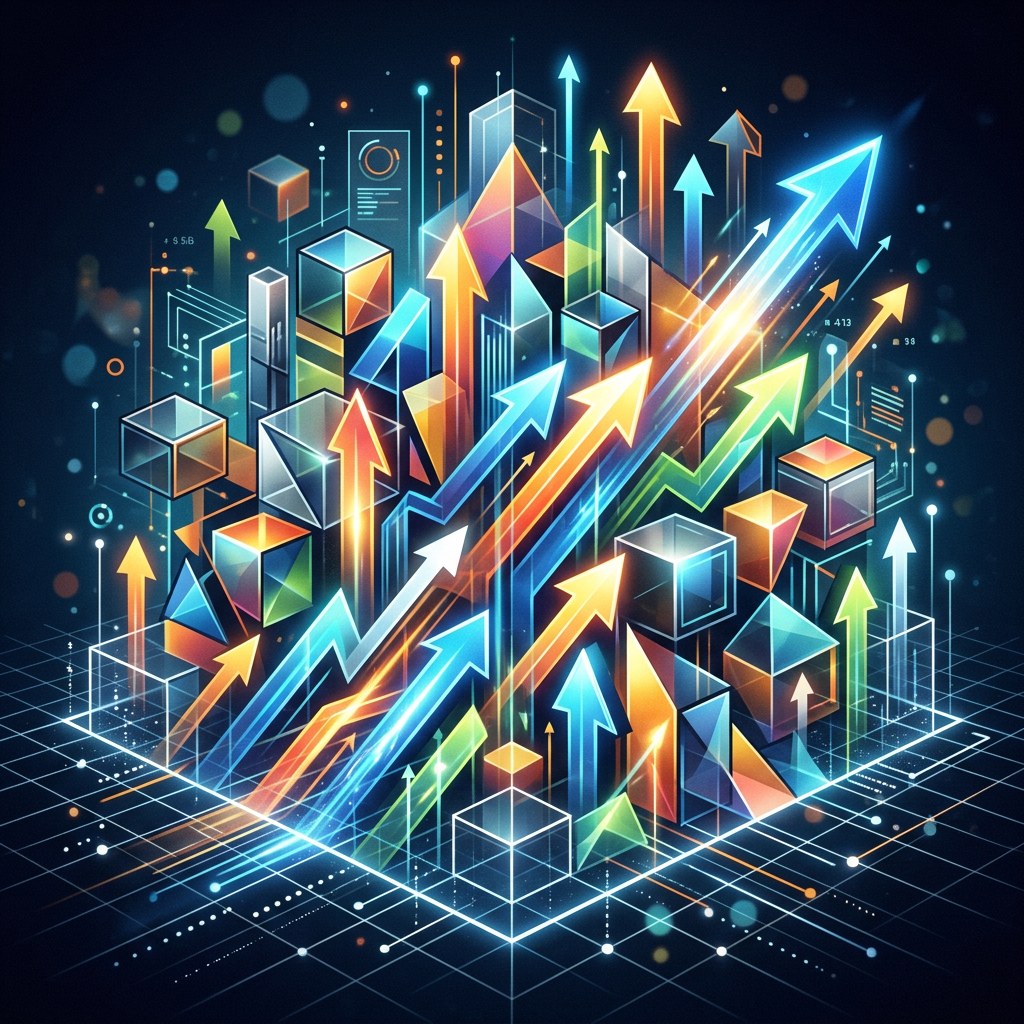 3D arrows pointing upward among colorful geometric shapes representing financial growth