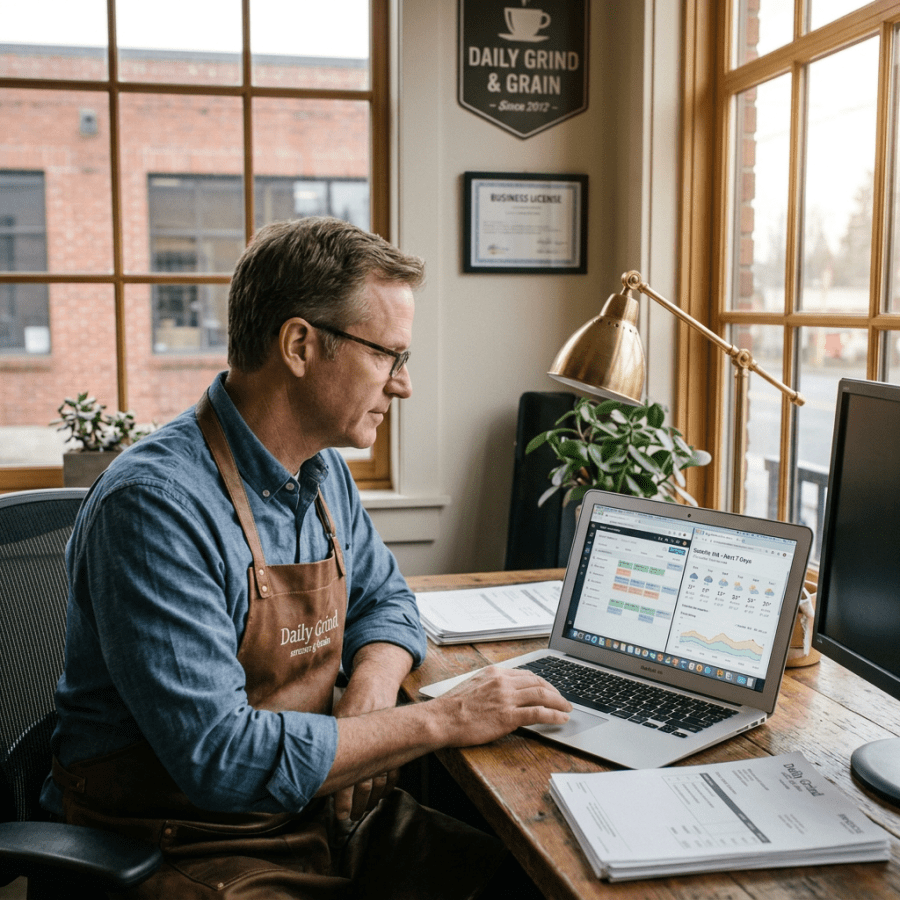 Cafe worker using a laptop at a table while staff serve customers