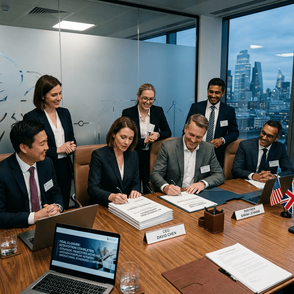 Executives signing acquisition documents during a private equity deal meeting